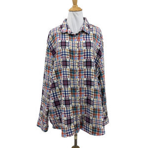 Rochelle Behrens Top Womens 2XL XXL Plaid The Boyfriend Shirt Patchwork Madras
